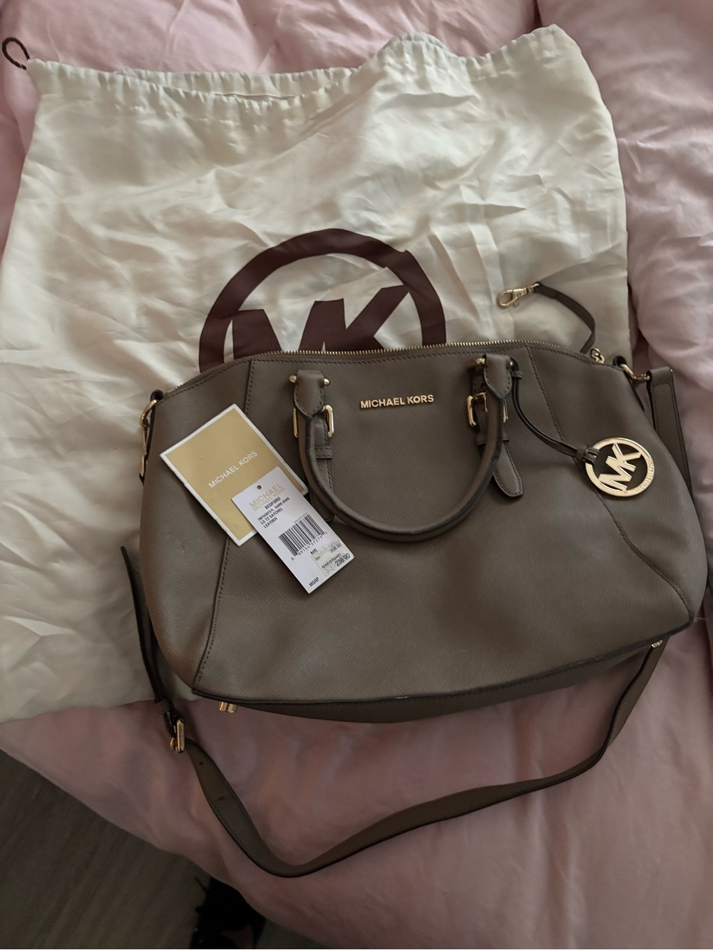 Michael Kors Gray-Taupe Saffiano Leather Satchel with Gold Hardware